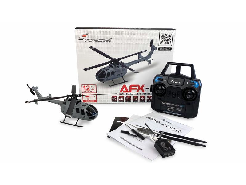 Amewi Helikopter AFX-105 Grau, 4-Kanal RTF Bo 105 Single-Rotor Heli für Einsteiger