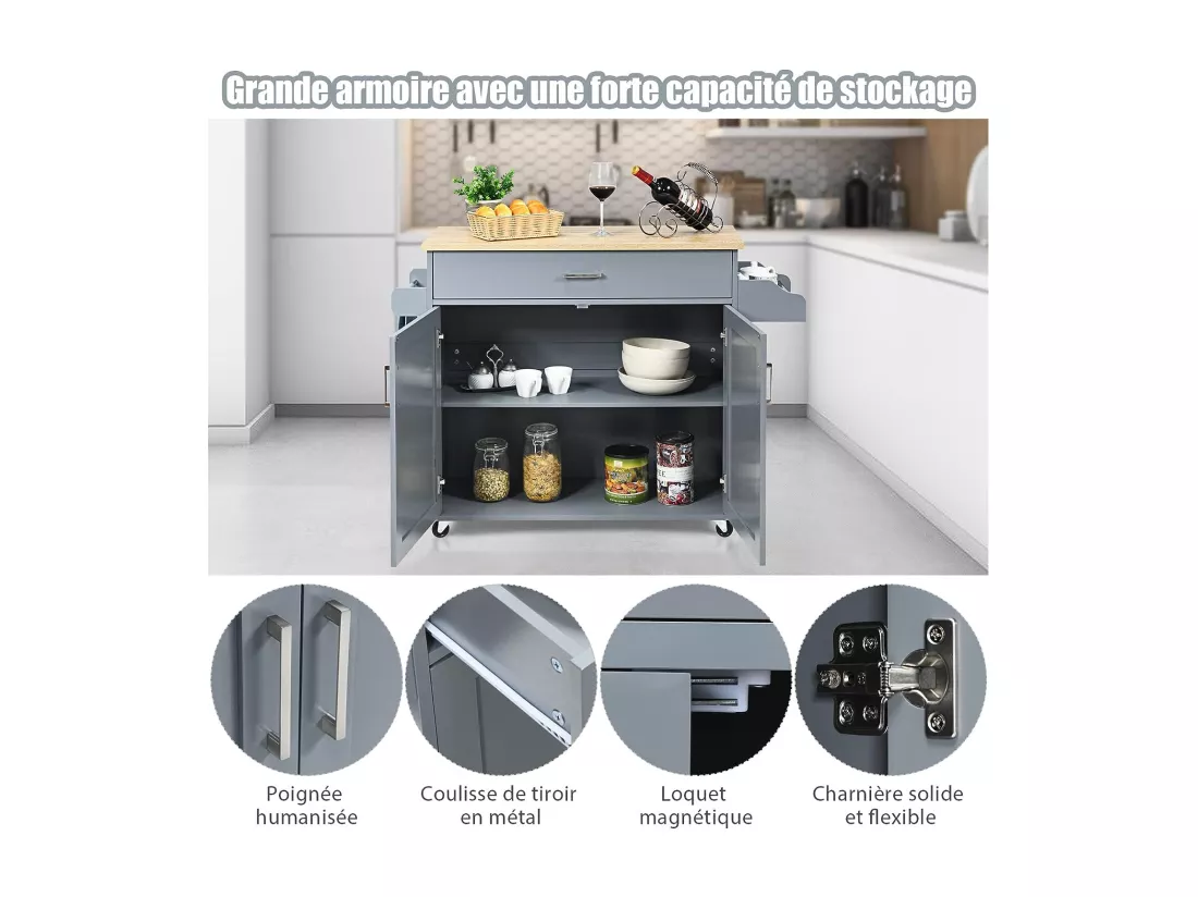 Dessert de Cuisine à roulettes Verrouillables, Ilot Central Cuisine Étagère Réglable sur 3 Niveaux, Grand Placard, Tiroir, Porte-épices et Porte-Serviettes, 40 x 116 x 85 cm (Gris)