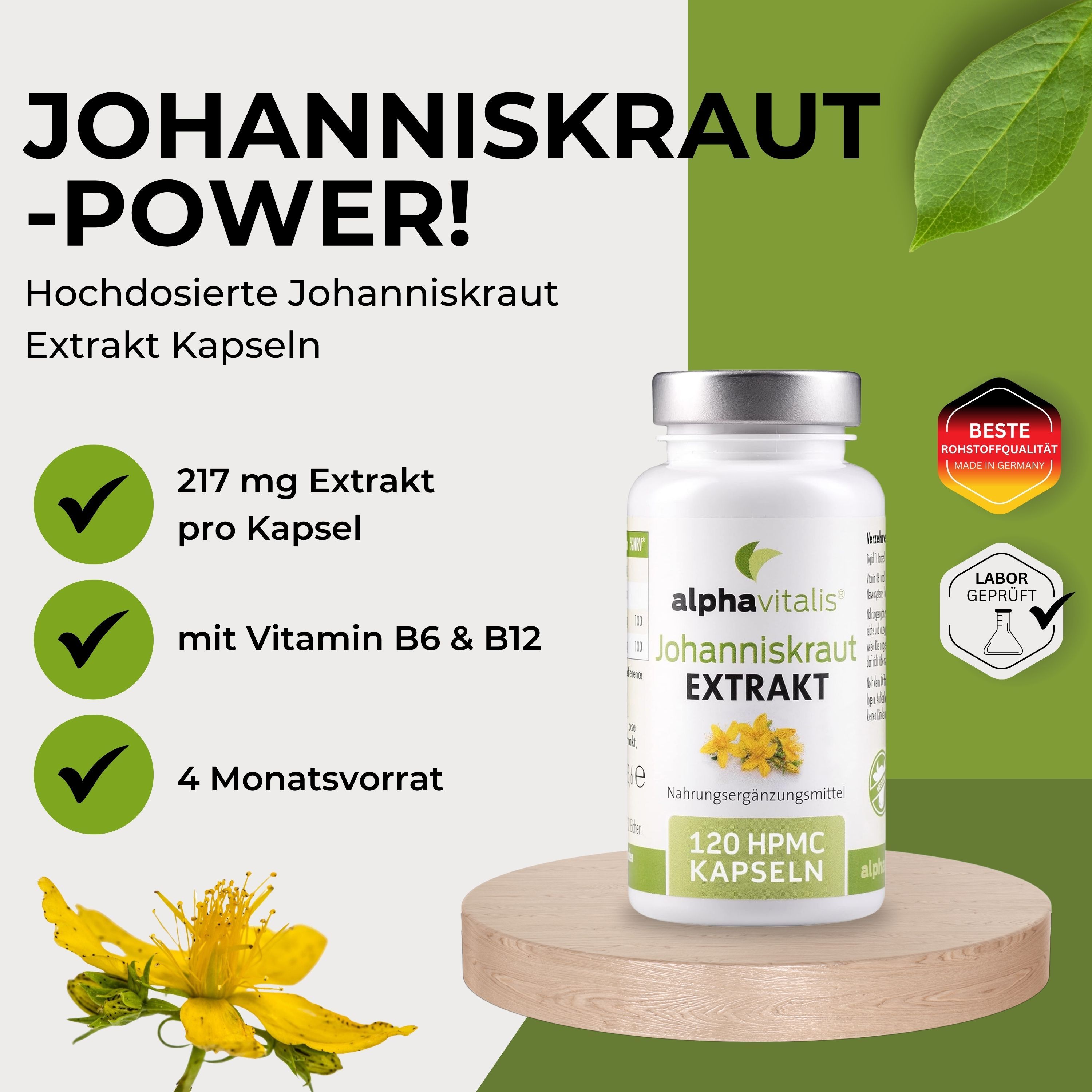 Alphavitalis® Johanniskraut Extrakt Kapseln mit Vitamin B6, B12
