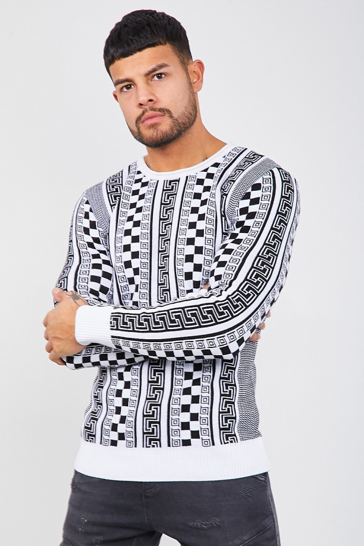 Pull en maille blanc à motifs noirs