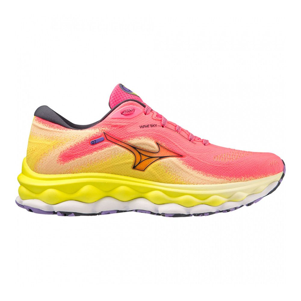 Mizuno WAVE SKY 7 - Chaussures running Femme high-vis pink/ombreblue/boltneon