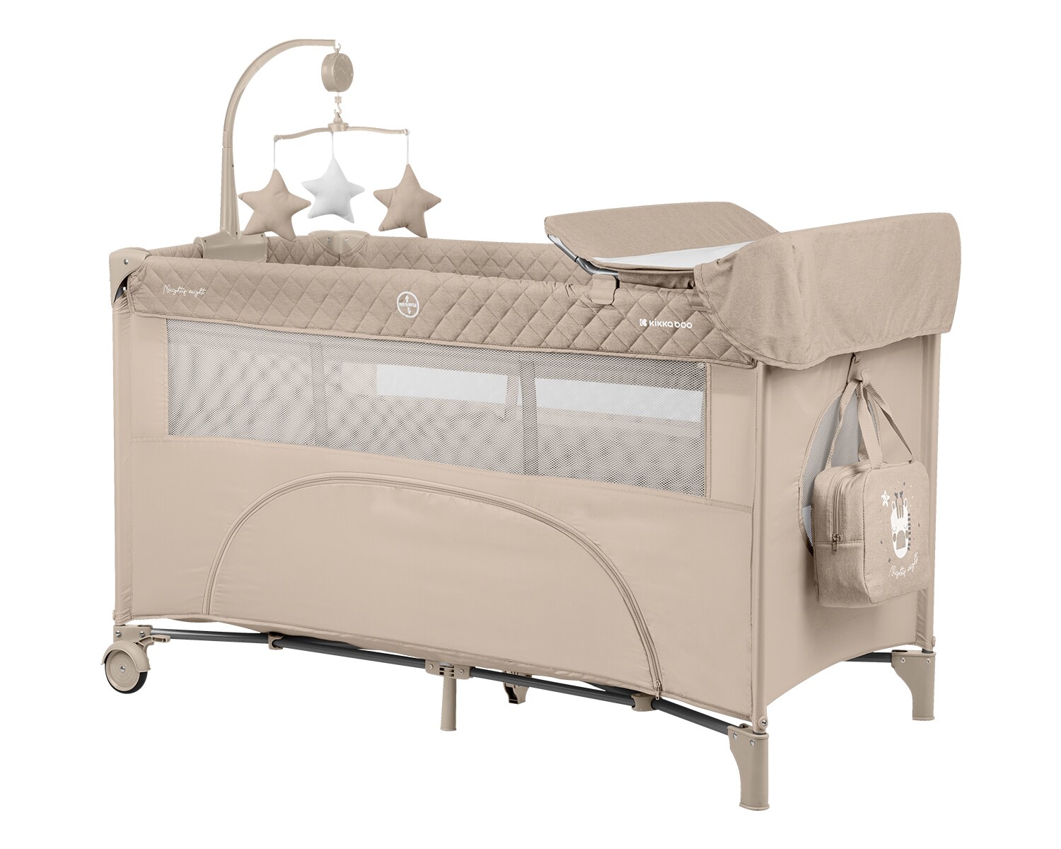 Kikkaboo Reisebett Nighty Night, 2 Ebenen, Spielbogen, 2 Räder, Wickelauflage beige