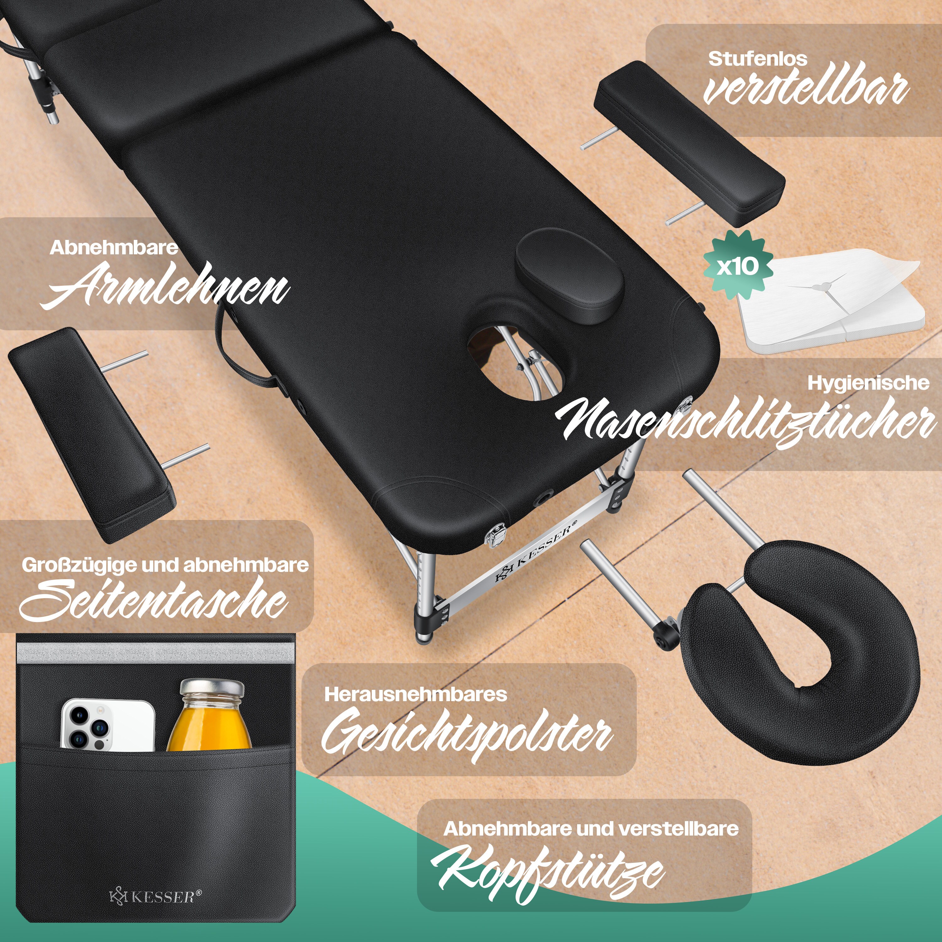 KESSER® Mobile Massageliege klappbar & höhenverstellbar 3 Zonen Massagebett Massagetisch Kosmetikliege Breit Therapieliege Aluminium + 10x Gesichtsauflage mit Kopfstütze Armlehnen & Tasche