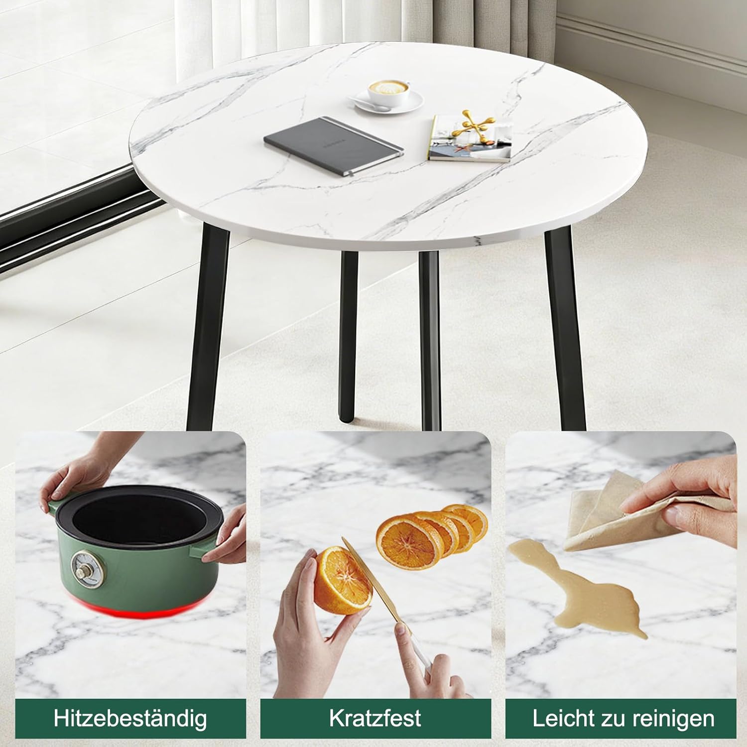 Essgruppe Set Esstisch und 4 Esszimmerstühle, Runder 90cm Essgruppe 5-Teilig aus Tischplatte in Marmoroptik und 4 PU-Leder Küche Stuhl für Küche Wohnzimmer Balkon Büro, Marmorimitat + grau