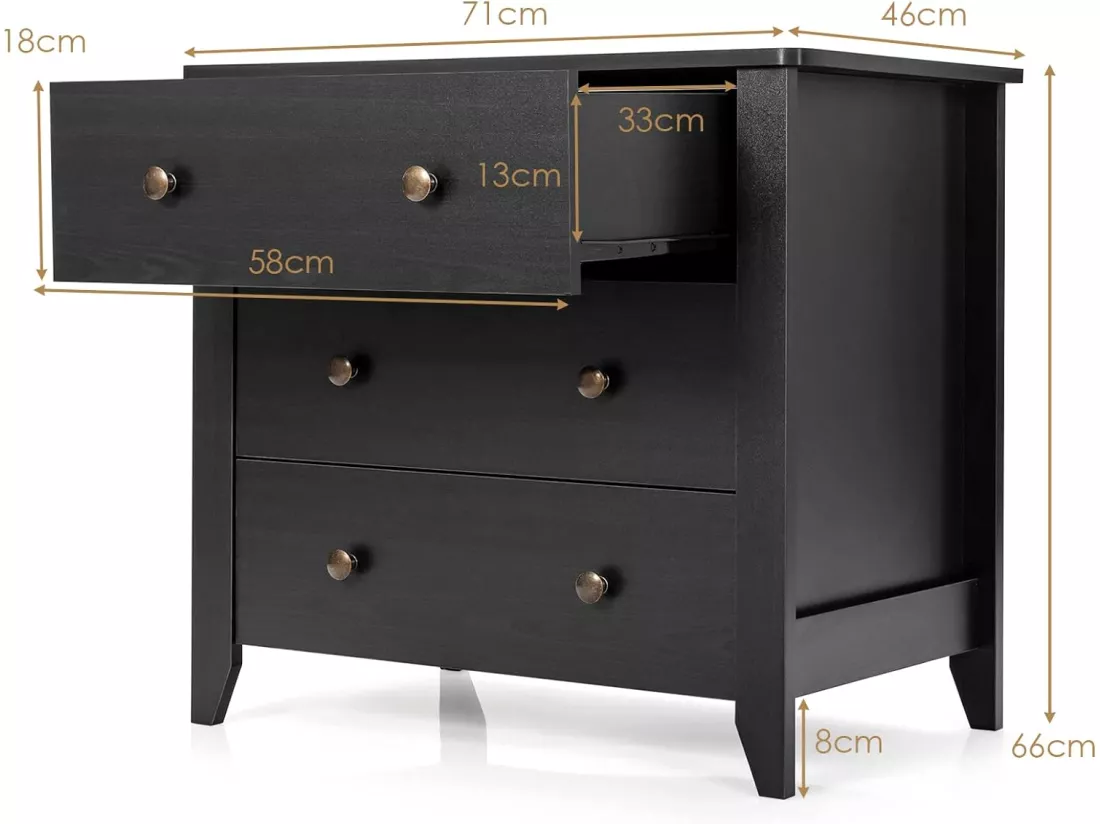 Commode Chambre Adulte, Commode 3 Tiroirs avec 4 Pieds, Meuble de Rangement en Bois pour Chambre, Salon, Entrée, Chambre d'enfant, 71 x 46 x 66 cm (Noir)