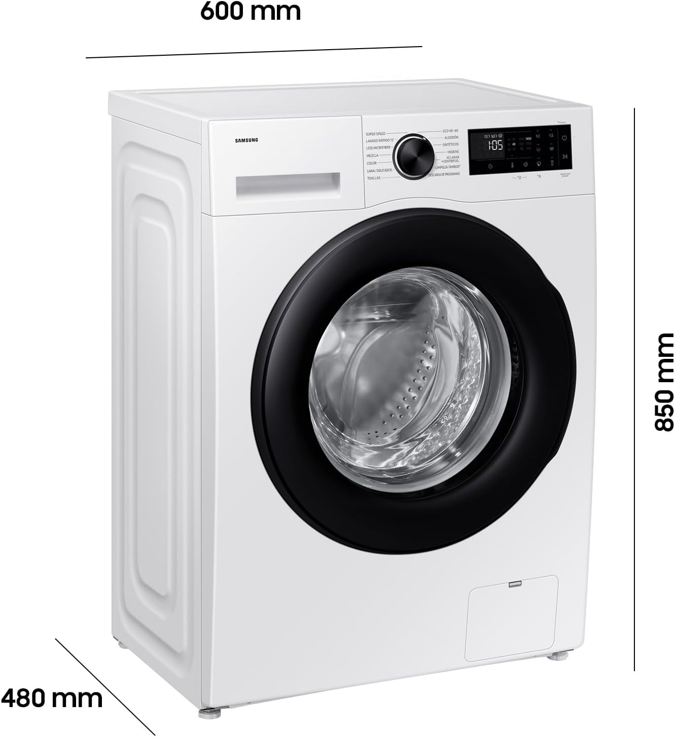 Samsung WW90DG5G34AEEG Waschmaschine WW5100D SLIM, 9 kg, EEK: A (-10%), Nur 48 cm tief, Dampfprogramm, AI Energy Mode, Ecobubble, WiFi, Mikroplastik-Programm, AI Wash, SuperSpeed 39 Min., Weiß