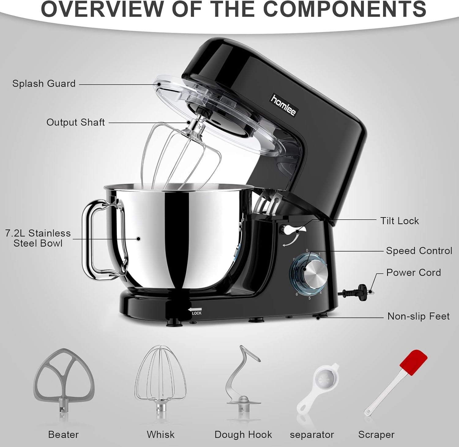 Robot Patissier Homlee 1800W 7,2L Professionnel Robot Ptissier Petrin Multifonctions Robot Cuisine Faible Bruit Batteur sur Socle avec Bol en Acier Inoxydable,Fouet,Batteur,Crochet,6 Vitesses
