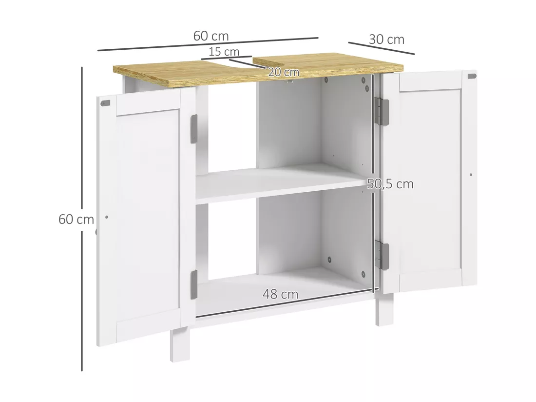 Meuble salle de bain sur pied - meuble sous-vasque - 2 portes, étagère - MDF panneaux aspect bois clair blanc