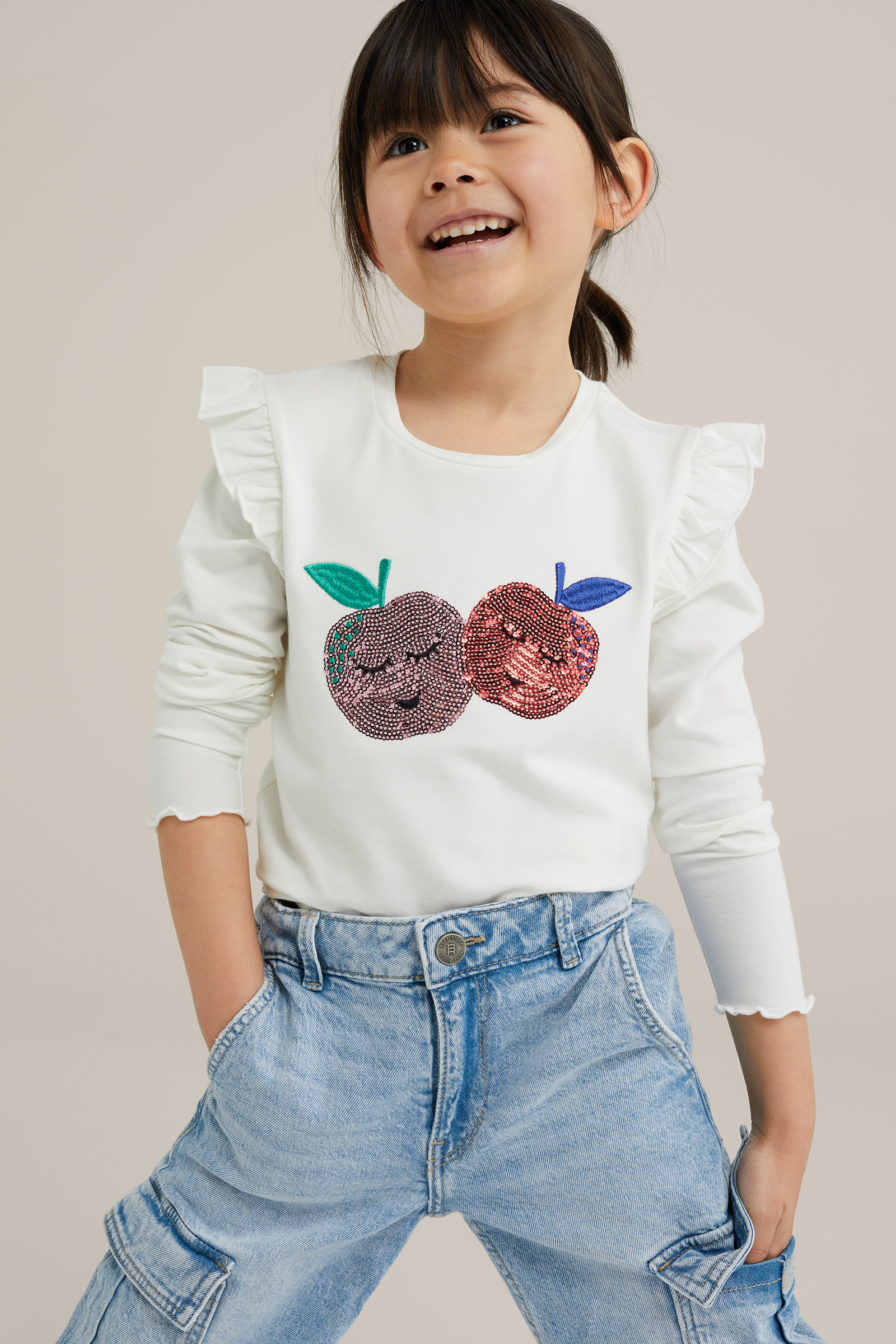 Meisjes T-shirt met pailletten opdruk WE Fashion Gebroken wit