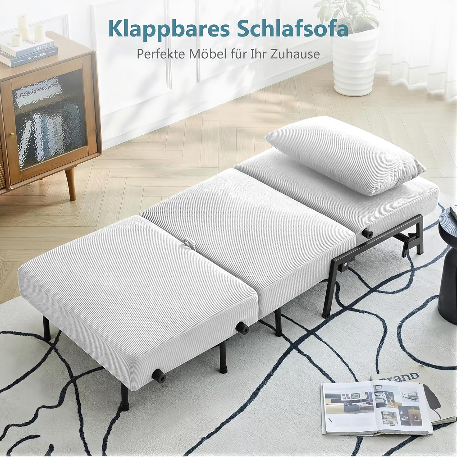 Generisch Schlafsofa mit Schlaffunktion, Schlafsessel 2 in 1 mit Bettfunktion, 190 x 80 cm Gästebettfür, Cord-Schlafsofa mit Kissen für Wohnzimmer & Schlafzimmer, Weiß, 80cm