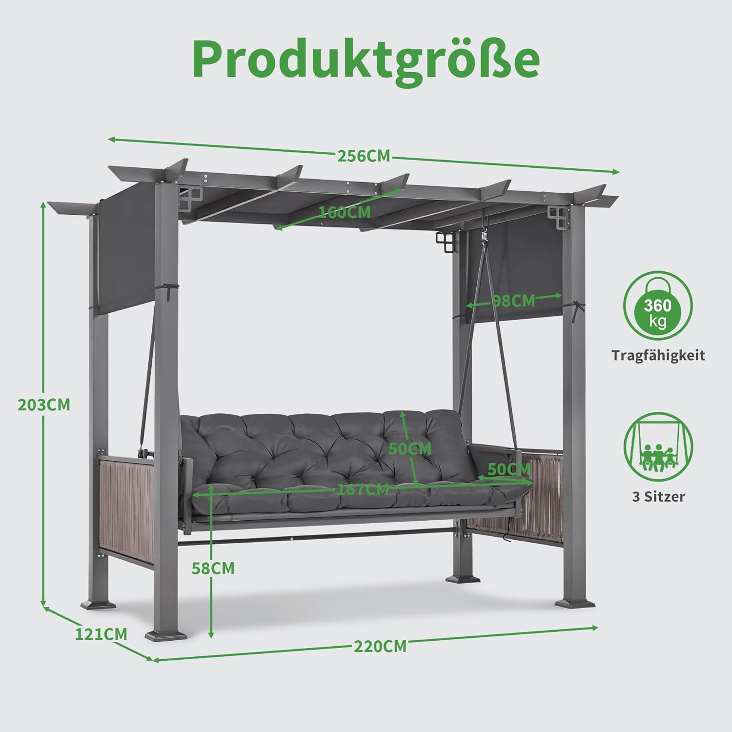 M MCombo 3-Sitzer Pergola Hollywoodschaukel mit Liegefunktion & Gartenpavillon, Gartenschaukel mit Ausziehbarem Sonnendach, 8CM Extradickem Sitzkissen & Silent-Haken, Schaukelbank 4067 (grau)