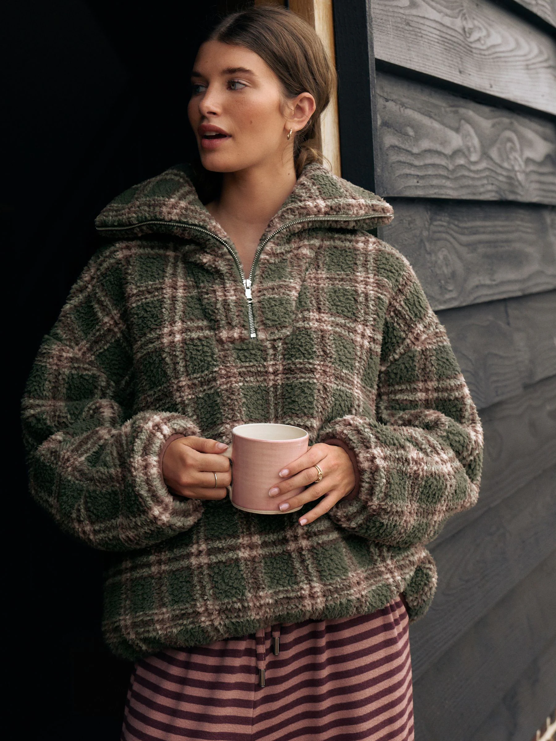 Groen/roze geruit - Borg fleece met kwartrits