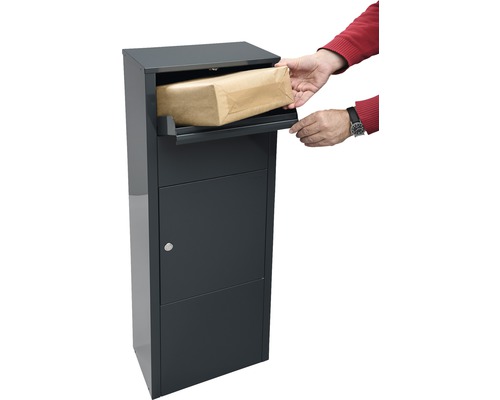 MEFA pakketbrievenbus, gegalvaniseerd staal, BxHxD 385/1043/230 mm, Hazelnoot 477, antracietgrijs RAL 7016, toegang aan de voorzijde