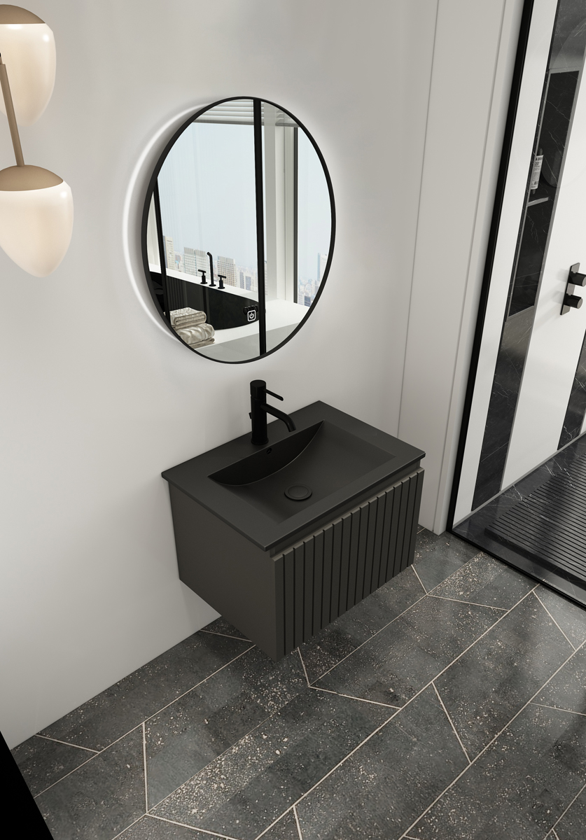 Fontana Lento zwart badmeubel ribbelfront 60cm met zwarte wastafel 1 kraangat en ronde spiegel