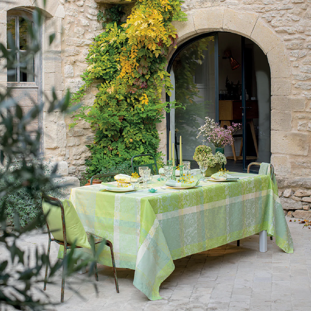 Nappe pur coton vert 115x115 Garnier Thiebaut