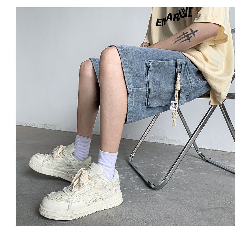 Femilina - Mid Rise Washed Denim Cargo Shorts