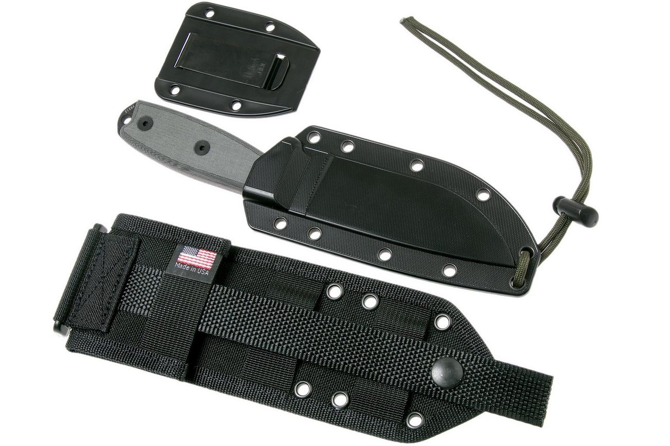 ESEE Model 4 serrated blade, grey handle 4S-MB-B met zwarte schede   clip en MOLLE-back