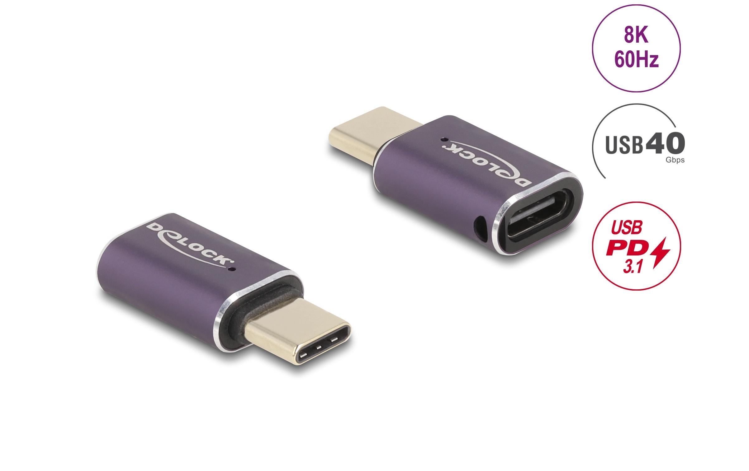 USB-Adapter 40 Gbps Portschoner USB-C Stecker - USB-C BuchseDelock USB Adapter 40 Gbps USB Type-C PD 3.1 240 W Stecker zu Buchse Portschoner 8K 60 Hz Metall