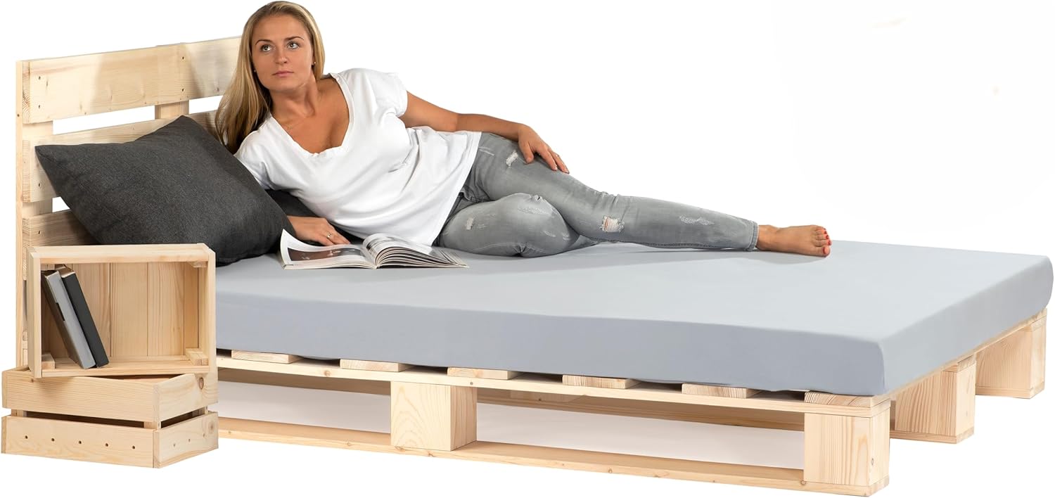 Palettenbett M1 aus Holz 140 x 200 cm Natur mit Kopfteil Holzbett 20cm Stabiles Seniorenbett Kinderbett Jugendbett Gästebett erhöhtes Einzelbett Bettgestell Futonbett Komforthöhe Naturholz