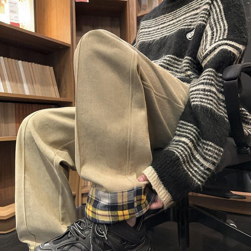 Ayuyel - Mid Rise Plain Plaid Panel Loose Fit Broek