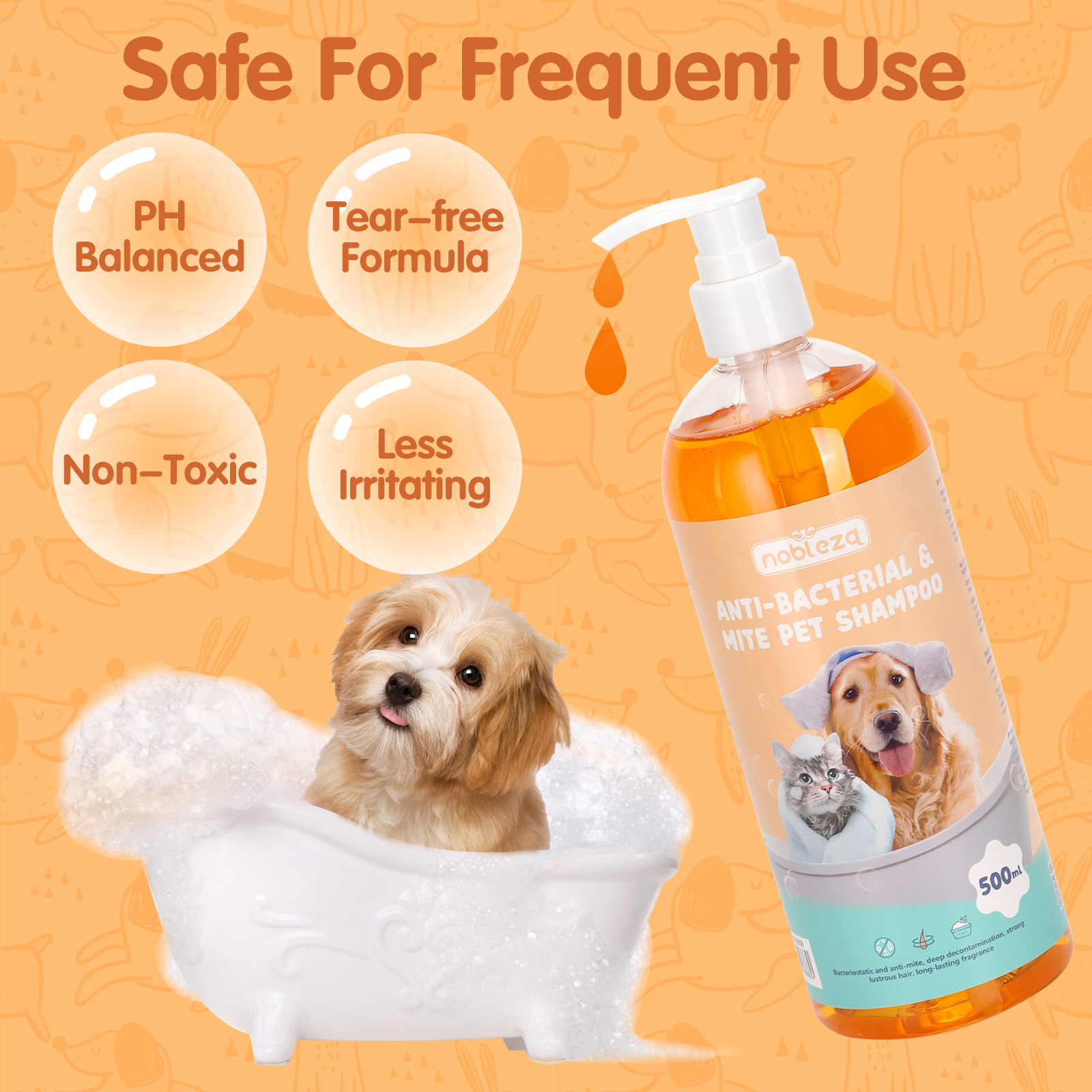 Shampoo Nobleza-Water para Cães e Gatos com Citronela, Hipoalergênico, Calmante, Repelente de Pulgas e Insetos, com Fragrância de Leite e Aveia (500ml)