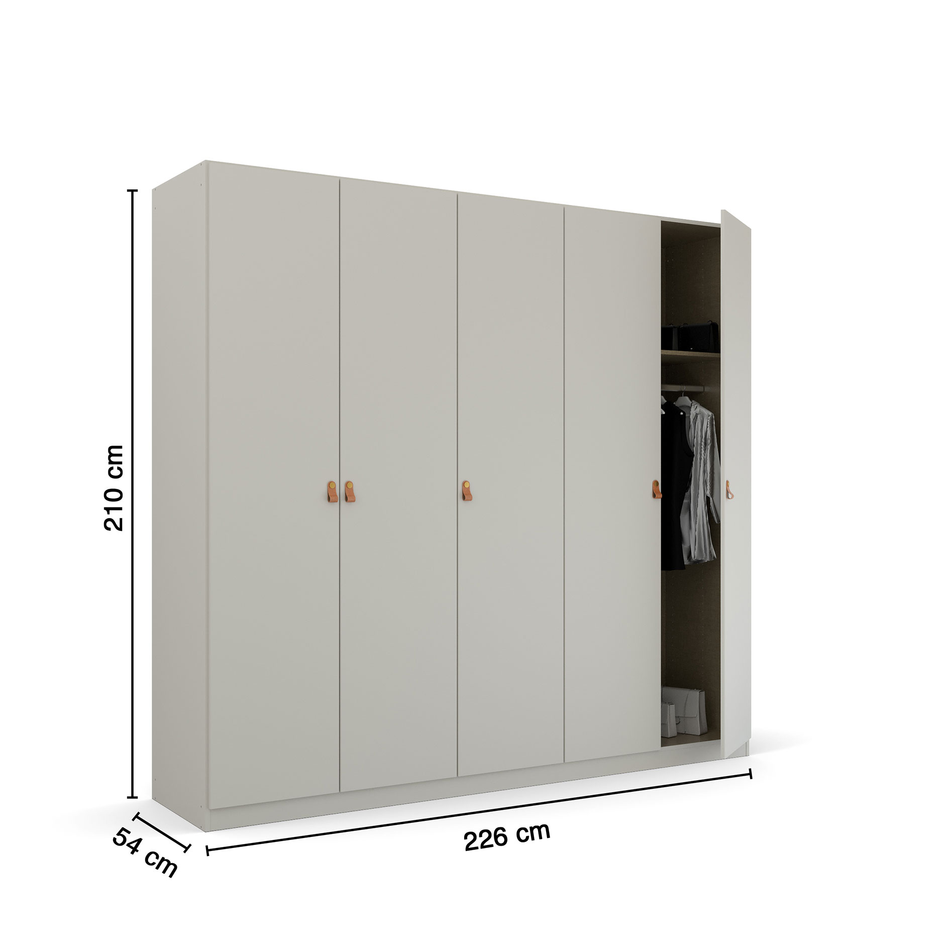 Drehtürenschrank - seidengrau - Ledergriffe - 226 cm