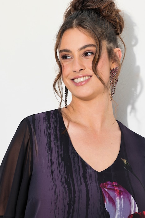 Kleid, Blüten, A-Linie, V-Ausschnitt, Cup-Halbarm