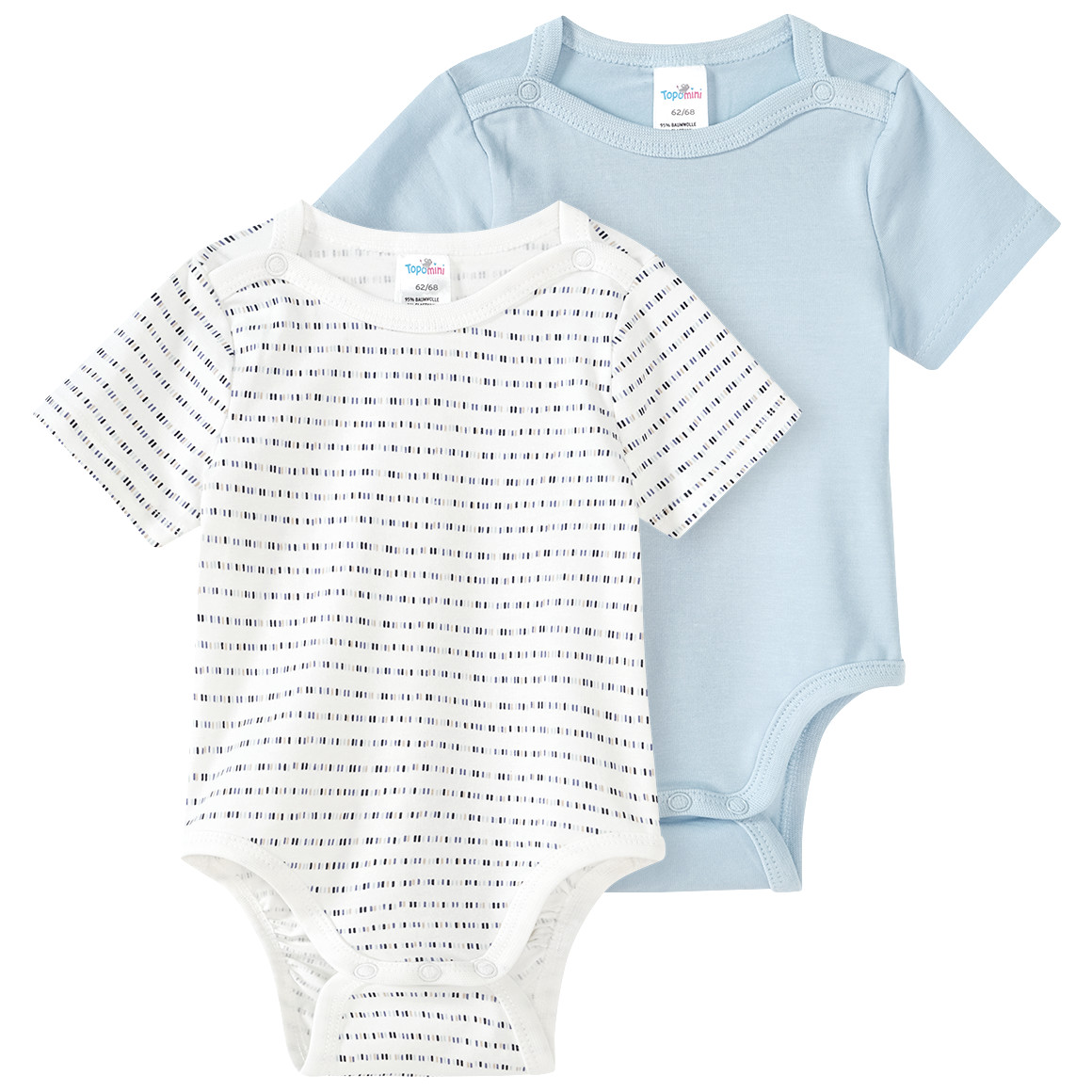 Topomini 2 Baby Bodys in verschiedenen Dessins hellblau / weiss