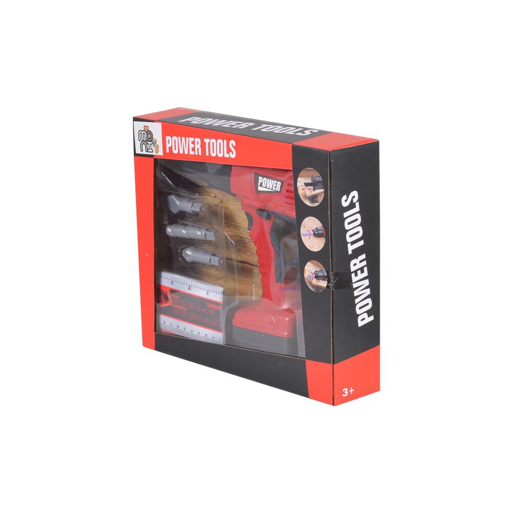 Moni Kinder-Elektrowerkzeug Akkuschrauber T1401, Ausweis, 3 Aufsätze, Lineal rot