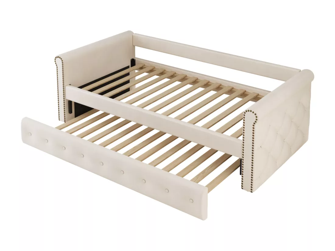 Lit gigogne 2x90x200cm - Canapé-lit extensible avec sommiers à lattes, sans matelas - lit en tissu velours - Beige