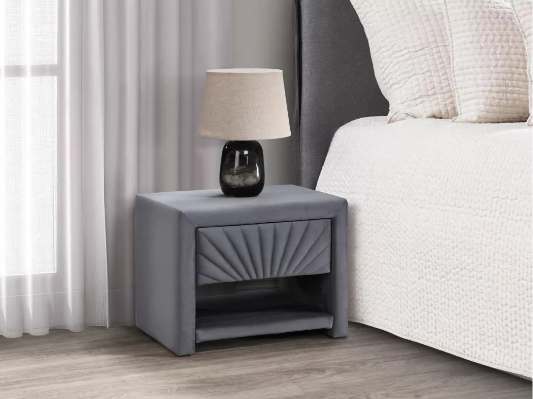 Table de chevet - 1 tiroir et 1 niche - Velours - Gris anthracite - ULAMI