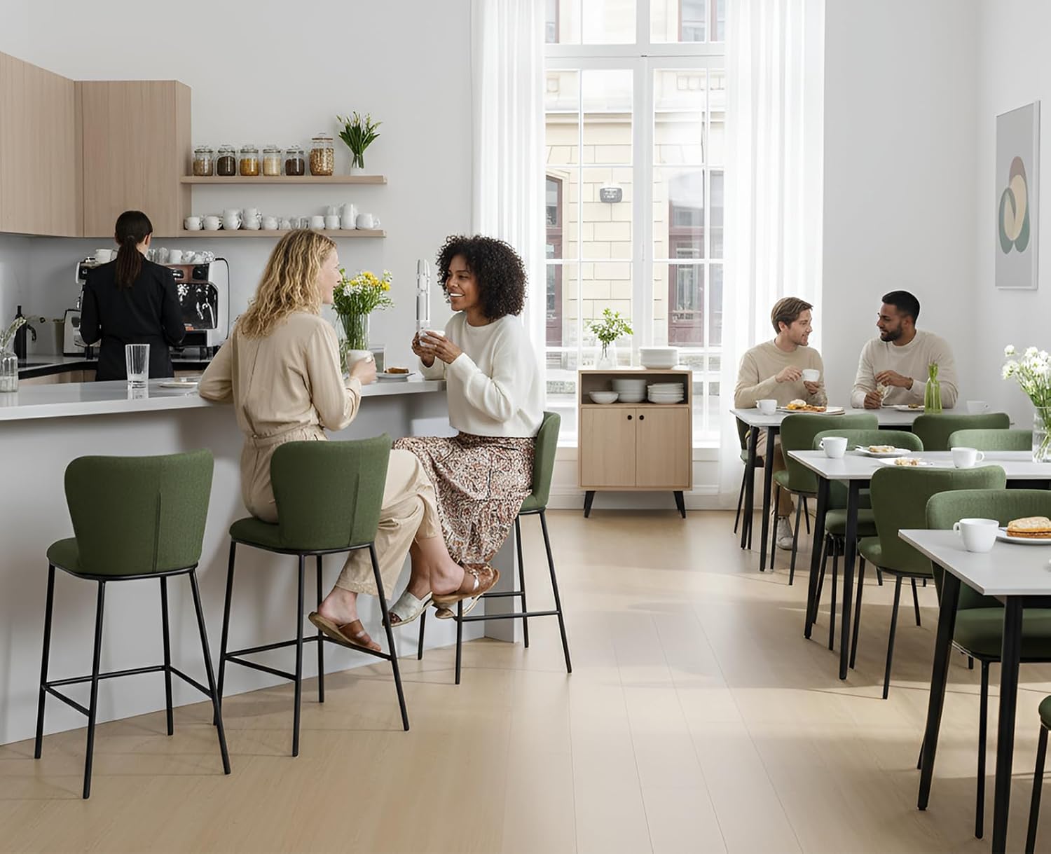 chairus Frühstück Barhocker 2er Set Thekenhocker für Esszimmer Armlose Leinen Küchenhocker Barstühle mit Rückenlehne Wohnzimmer (Grün)