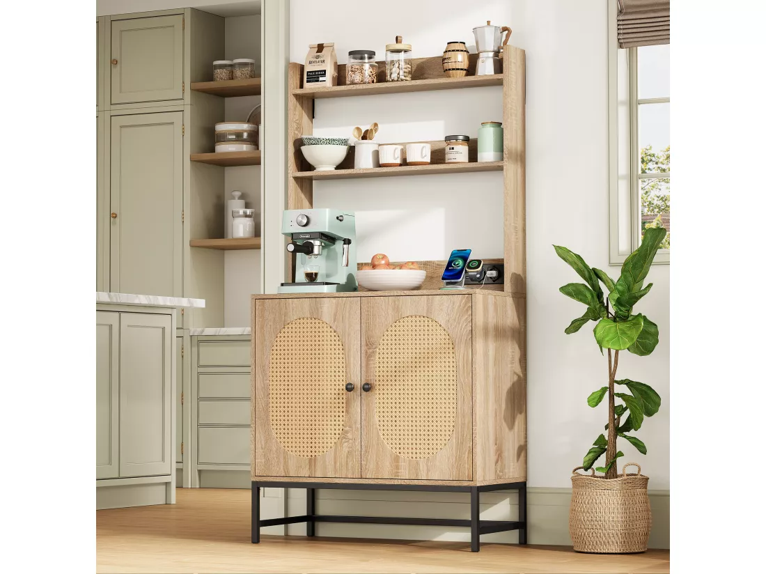 Buffet moderne avec 2 portes en rotin, étagères et prise USB - 80 x 40 x 160.5 cm - Bois MDF - Naturel