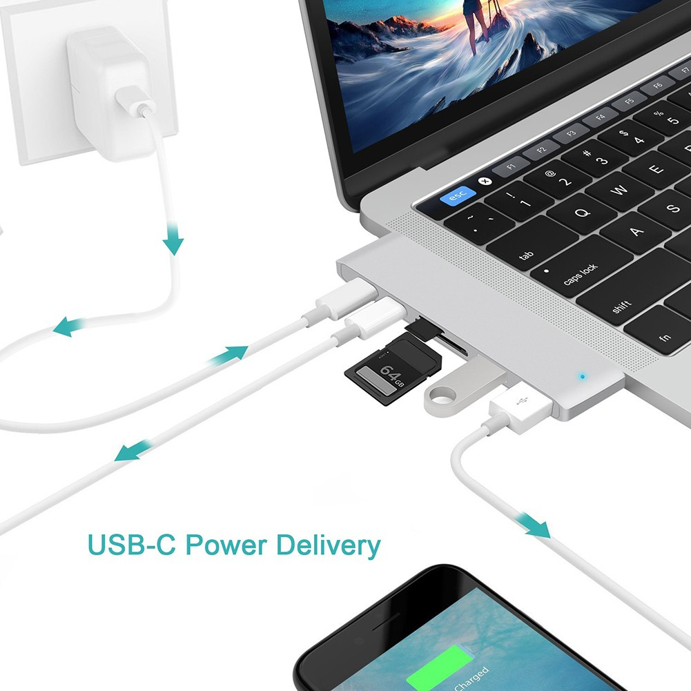 USB C Multiport Hub mit 2x USB C / 2x USB 3.0 Anschluss / Micro SD und SD Kartenlesegerät Apple MacBook Pro / Air - Dunkelgrau (Space Grau)