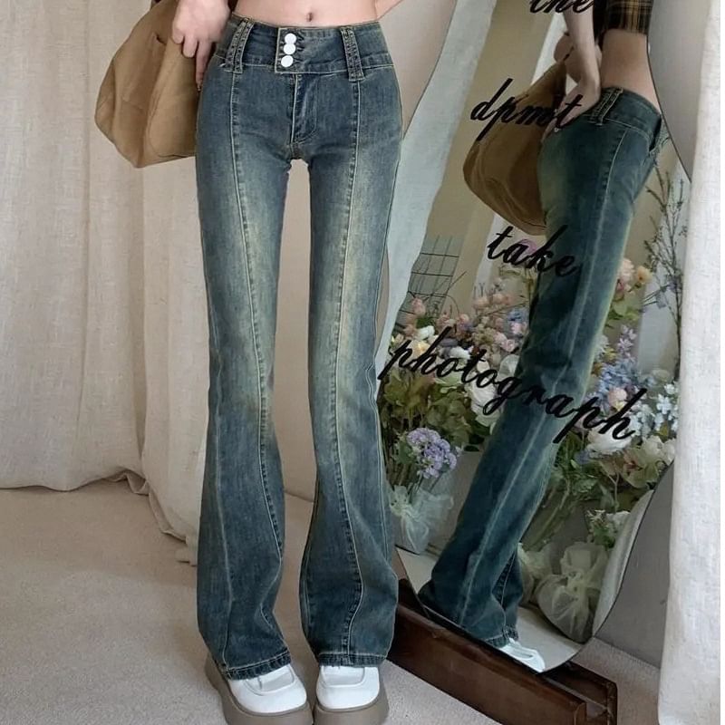 Rosesand - Low Waist Washed Slim-Fit Boot-Cut Jeans