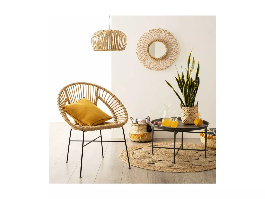 Fauteuil en Métal Noir et Rotin H 86 cm
