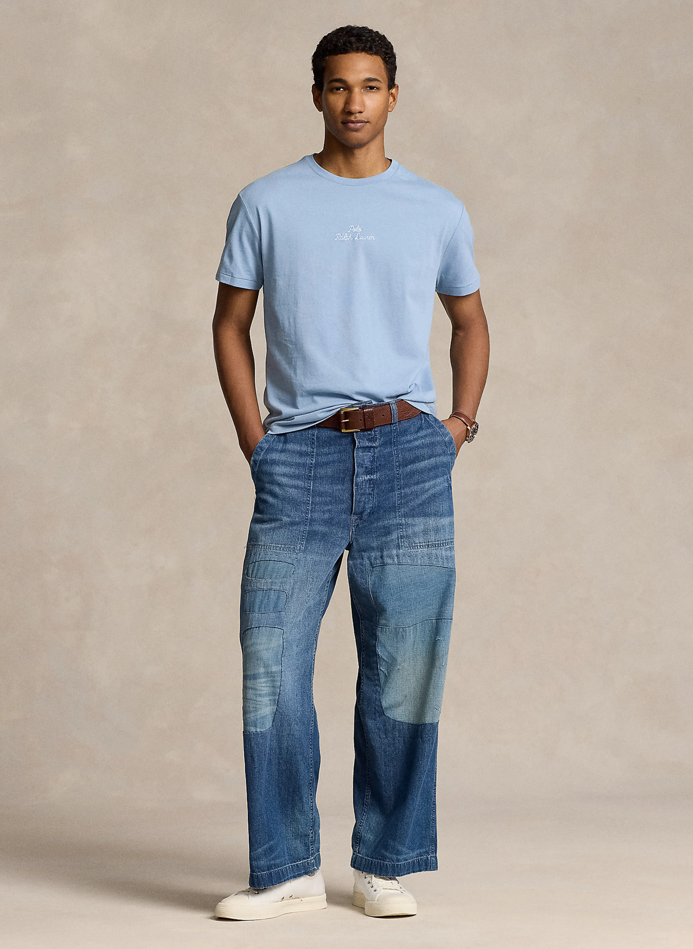 Tee-shirt col rond logo brodé en coton | Bleu