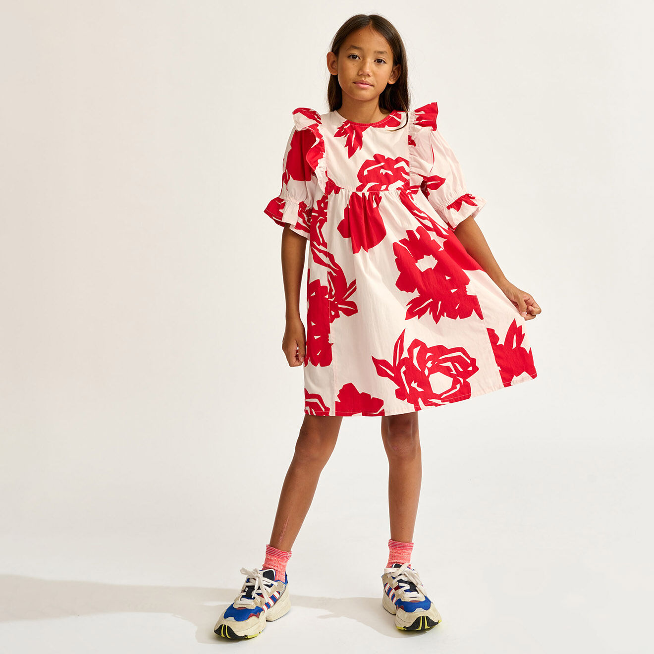 Bellerose Robe en Popeline Posa à fleurs rouge