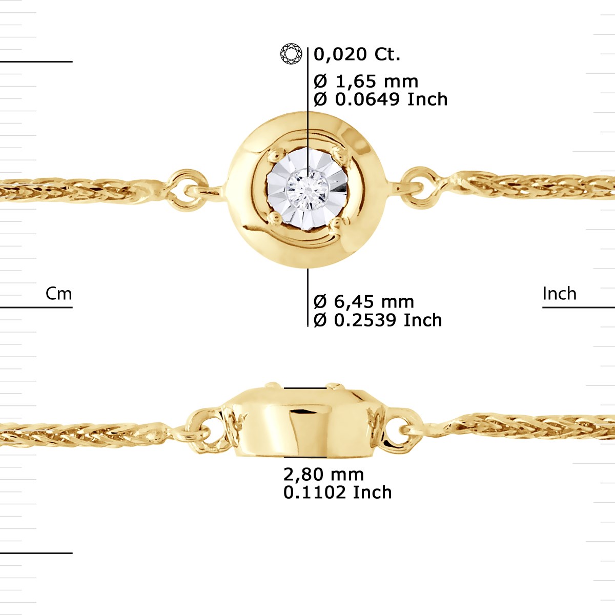Bracelet Solitaire Diamant 0,02 Cts Illusion 0,50 Cts Or Jaune