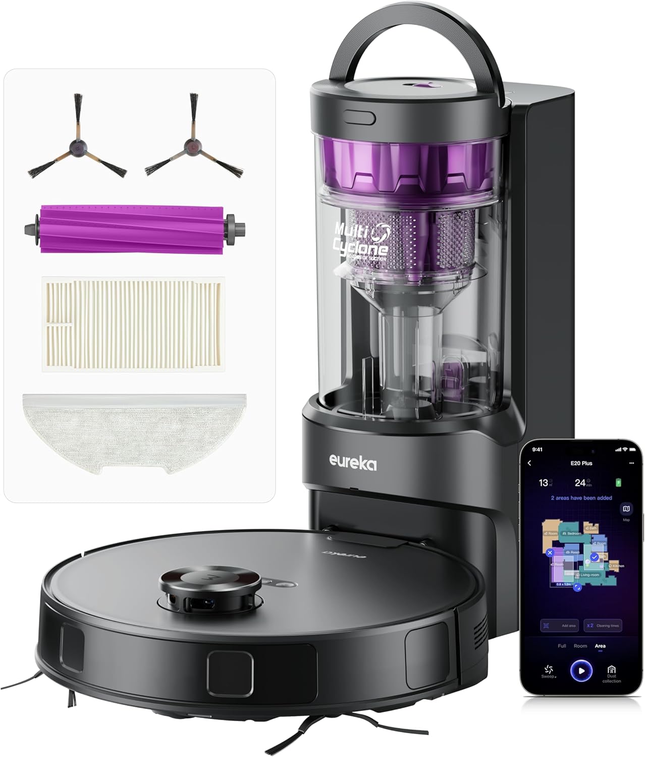 Eureka E20 Plus Staubsaugroboter mit 8000 Pa Saugkraft und selbstentleerender Station, Anti-Wickel-Funktion, 3D Hindernisvermeidung, 180 Minuten Laufzeit, DuoDetect AI, schwarz