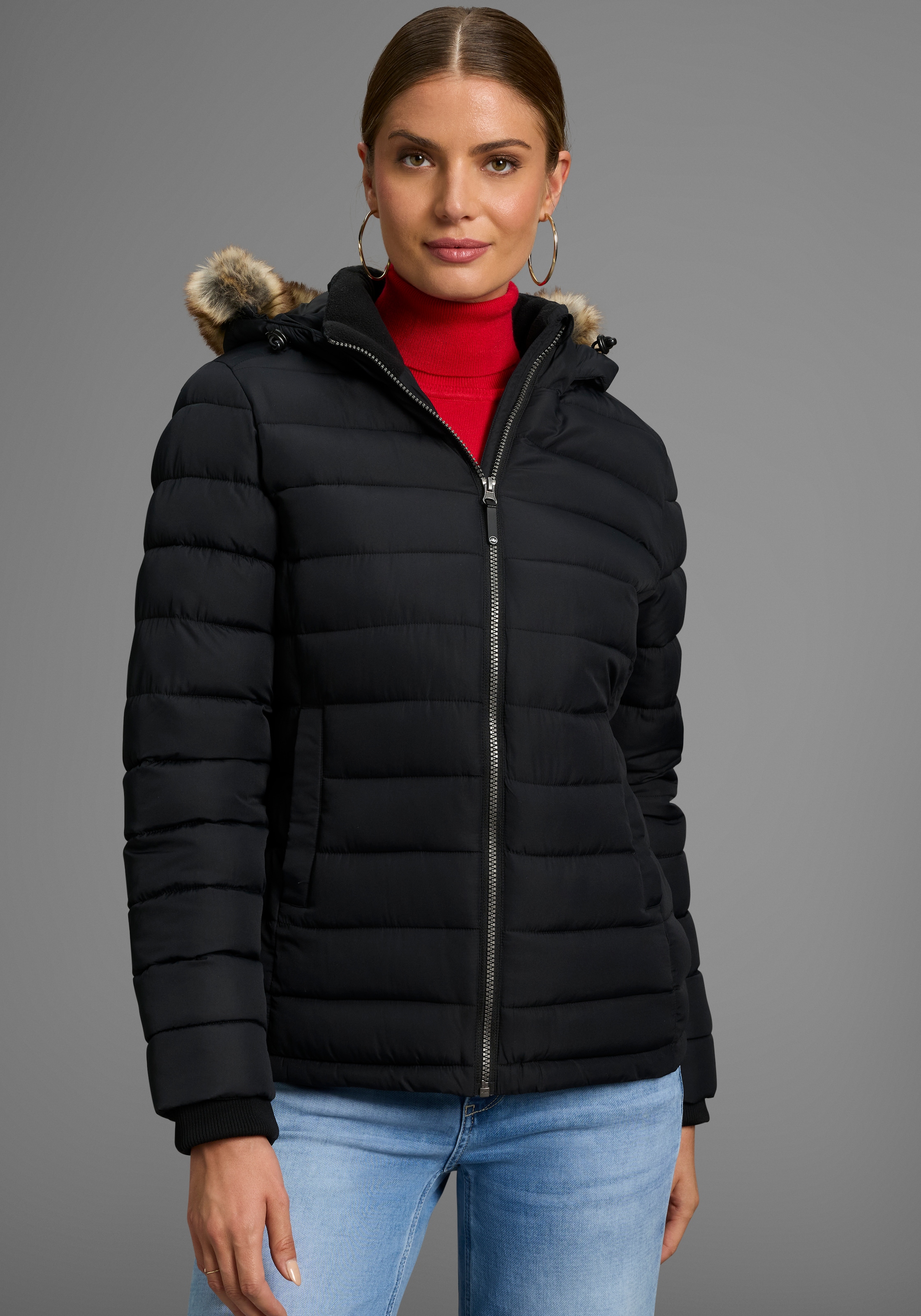 Polarino Steppjacke mit Kapuze Kapuze mit Fellimitat zum Abnehmen