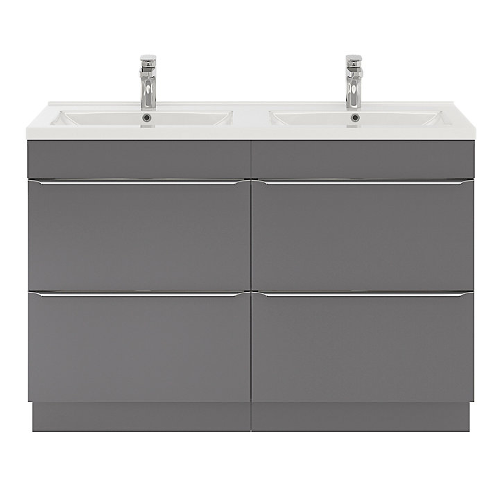 Ensemble salle de bains l.120 cm meuble à poser Imandra gris brillant + plan double vasque céramique blanc