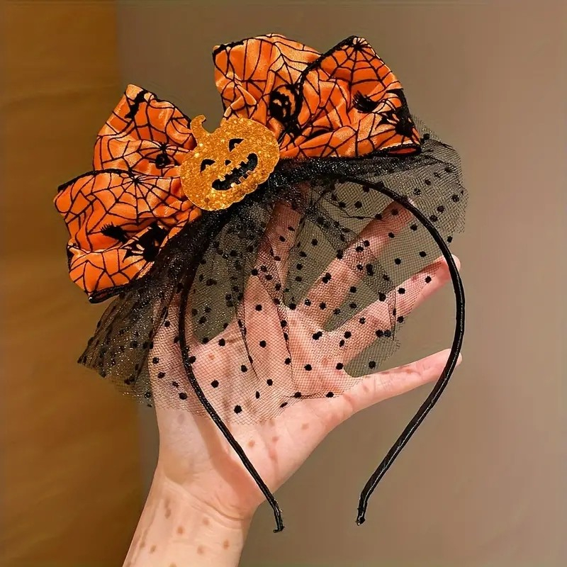 Kürbis Haarreif mit Schleife Glitzer Kostüm Zubehör für Fasnacht / Halloween / Motto Party - Orange / Schwarz