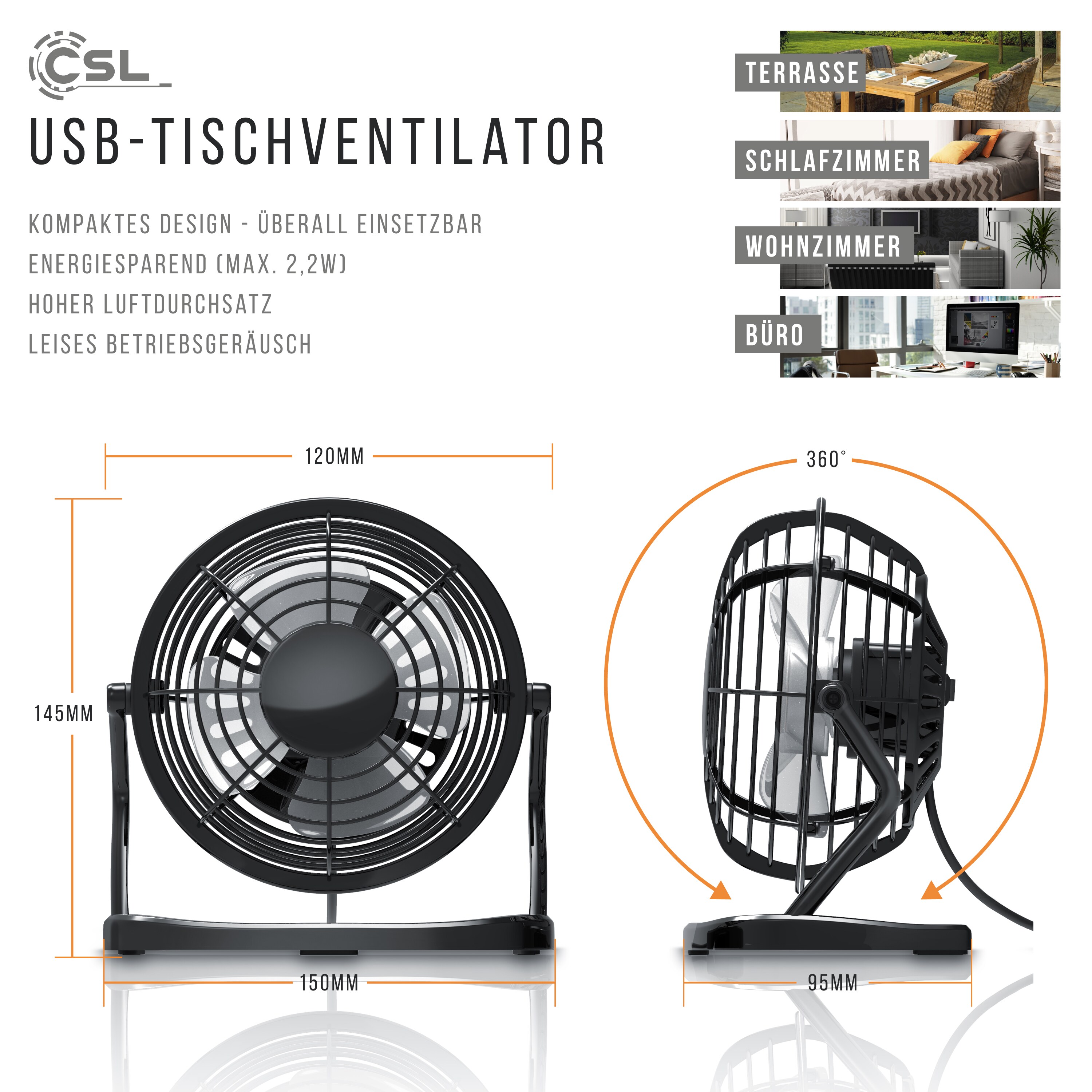 CSL Mini USB-Ventilator Tischventilator, stromsparend, ruhiger Lauf, 360° neigbar