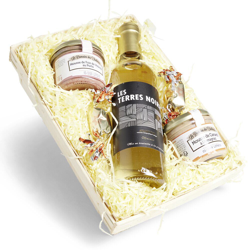 Panier gourmand 1 bouteille vin blanc/2 pâtés/2 papillotes chocolat