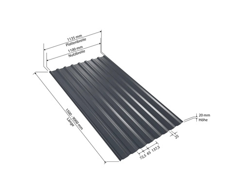 PRECIT trapezium dakbaan W20LR antracietgrijs RAL 7016 vaste breedte 1135 mm x dikte 0,5 mm (verkocht per meter van 150 tot max. 900 cm)