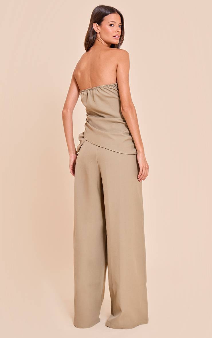 Pale Khaki Combinaison Pantalon Large Drapée À Bandeau En Tissu Tissé Kaki Clair