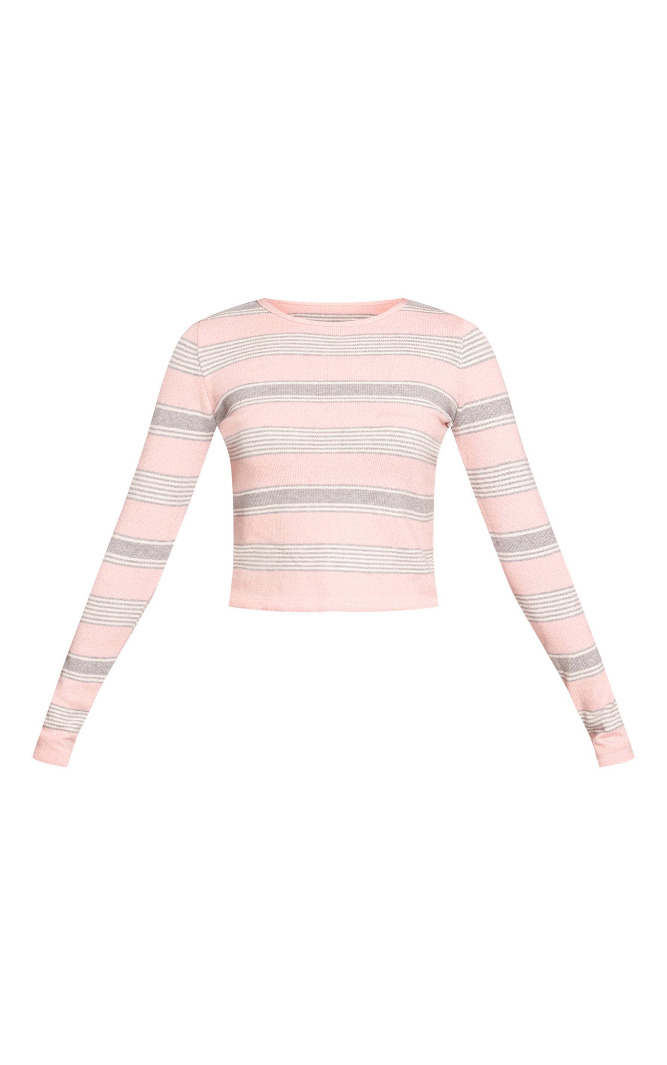 Rose T-shirt En Maille À Rayures Et Manches Longues
