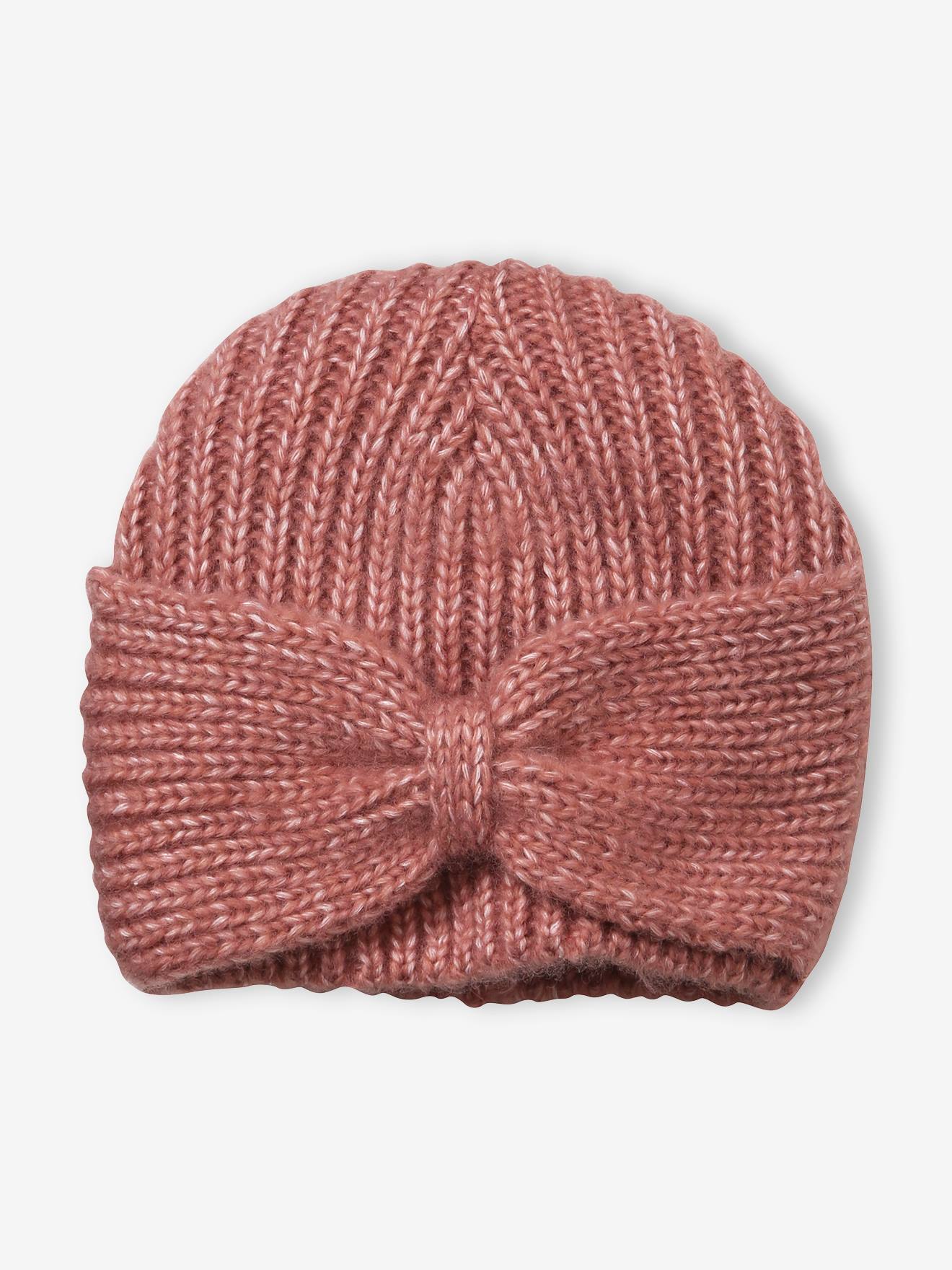 Gorro de malha canelada com laços elegantes, bege mesclado para menina