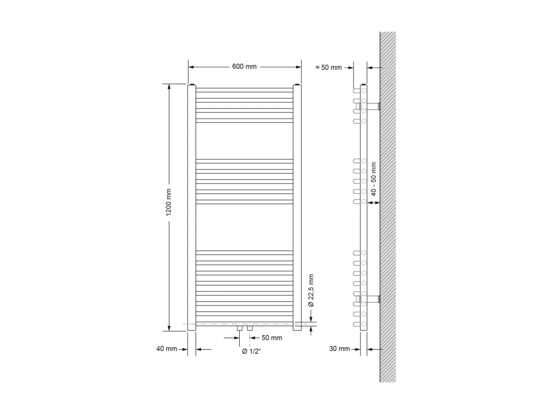 Radiateur Design Sahara Non Électrique, 600 x 1200 mm, Blanc, Connexion Central, avec Kit